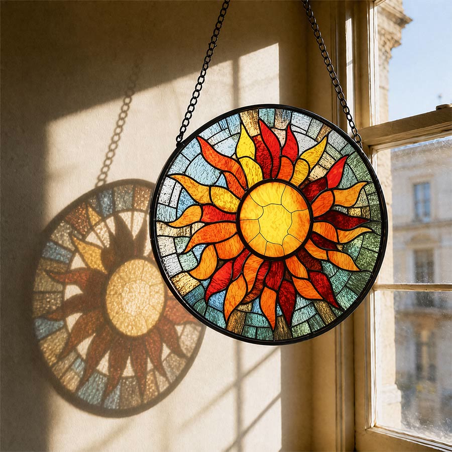 Olivenorma Attrape-soleil rond 2D Rayons de soleil chauds en mosaïque de vitrail - 30 cm x 30 cm - image 0