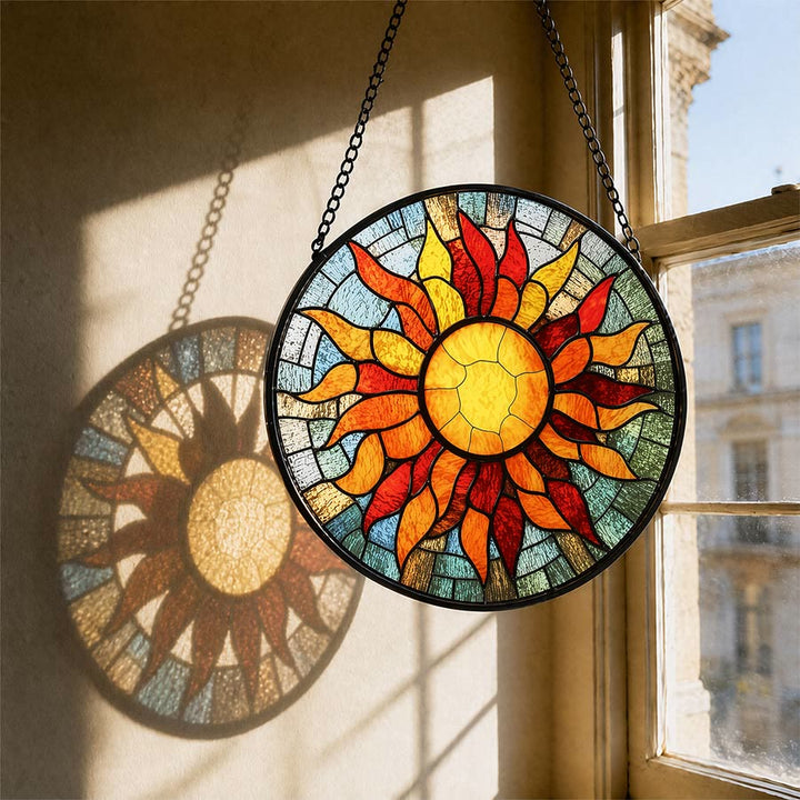 Olivenorma Attrape-soleil rond 2D Rayons de soleil chauds en mosaïque de vitrail - 30 cm x 30 cm - image 0