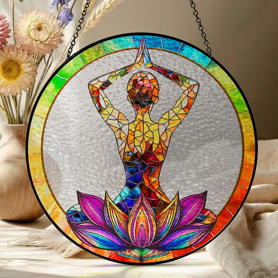 Olivenorma 2D Mains au-dessus de la tête Figurine de méditation et de yoga Vitrail Attrape-soleil - image 6