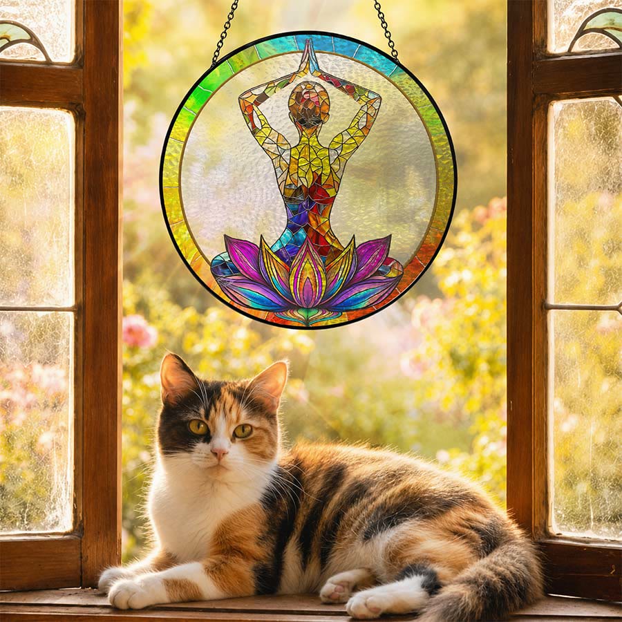 Olivenorma 2D Mains au-dessus de la tête Figurine de méditation et de yoga Vitrail Attrape-soleil - image 5