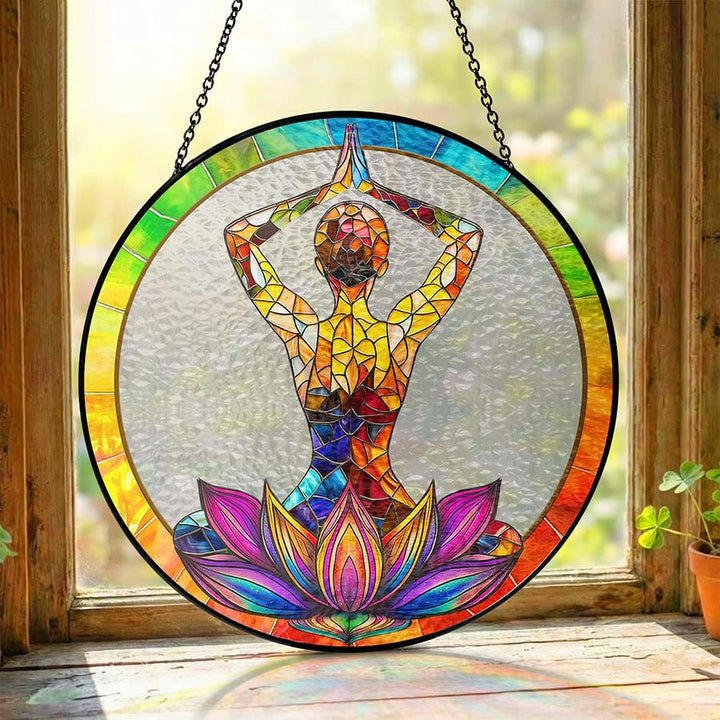Olivenorma 2D Mains au-dessus de la tête Figurine de méditation et de yoga Vitrail Attrape-soleil - image 4
