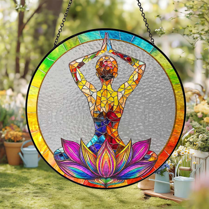 Olivenorma 2D Mains au-dessus de la tête Figurine de méditation et de yoga Vitrail Attrape-soleil - 30 cm x 30 cm - image 0