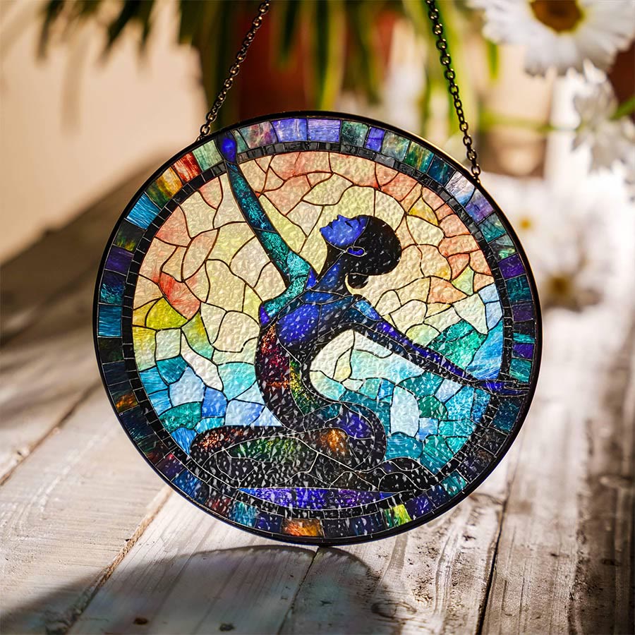 Olivenorma Attrape-soleil en vitrail 2D rond, silhouette de femme pratiquant le yoga, étirement latéral - Yoga d'étirement latéral - 30 cm x 30 cm - image 4