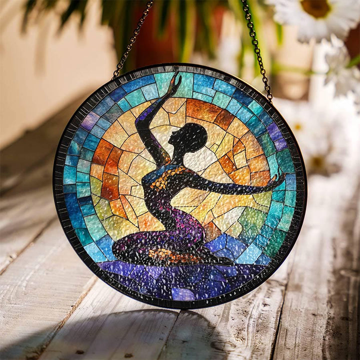 Olivenorma Attrape-soleil en vitrail 2D rond, silhouette de femme pratiquant le yoga, étirement latéral - Yoga du côté chaud - 30 cm x 30 cm - image 2