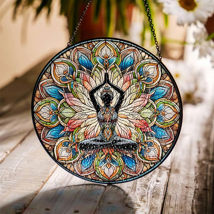 Olivenorma Attrape-soleil en vitrail 2D rond, silhouette de femme pratiquant le yoga, étirement latéral - Yoga du lotus - 30 cm x 30 cm - image 5