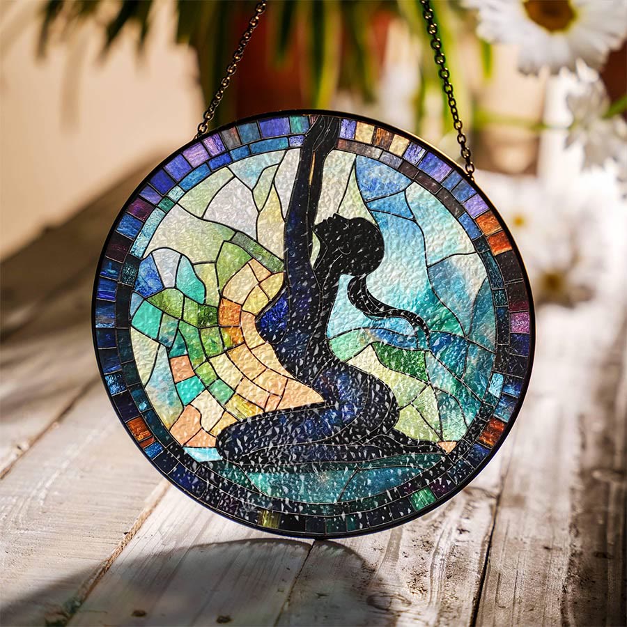 Olivenorma Attrape-soleil en vitrail 2D rond, silhouette de femme pratiquant le yoga, étirement latéral - Yoga latéral - 30 cm x 30 cm - image 0