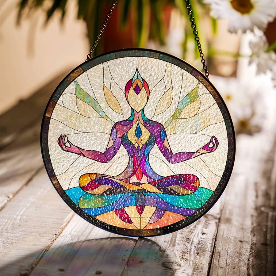 Olivenorma Attrape-soleil en vitrail 2D rond, silhouette de femme pratiquant le yoga, étirement latéral - Méditation du lotus - 30 cm x 30 cm - image 7