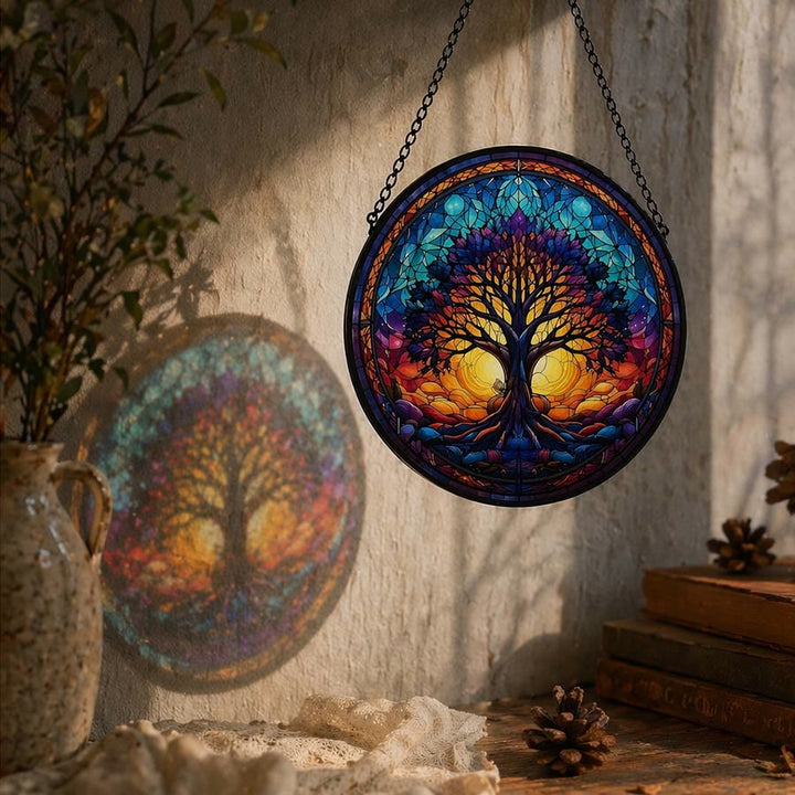 Olivenorma Attrape-soleil rond 2D Coucher de soleil Double soleil Vie d'un arbre Mosaïque en verre teinté - image 2