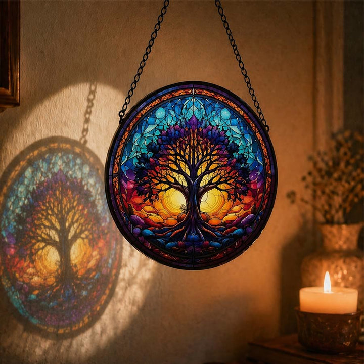 Olivenorma Attrape-soleil rond 2D Coucher de soleil Double soleil Vie d'un arbre Mosaïque en verre teinté - image 1