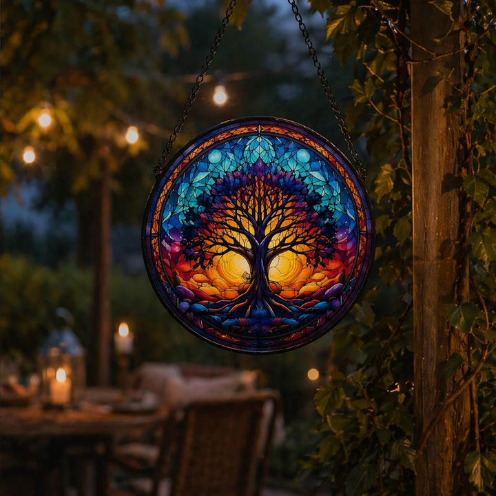 Olivenorma Attrape-soleil rond 2D Coucher de soleil Double soleil Vie d'un arbre Mosaïque en verre teinté - image 4