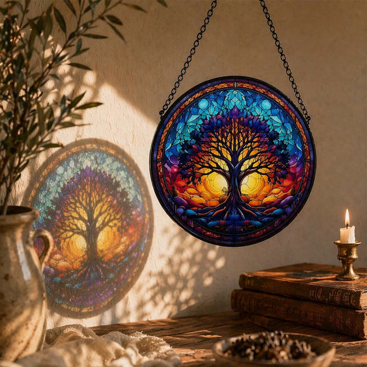 Olivenorma Attrape-soleil rond 2D Coucher de soleil Double soleil Vie d'un arbre Mosaïque en verre teinté - image 3