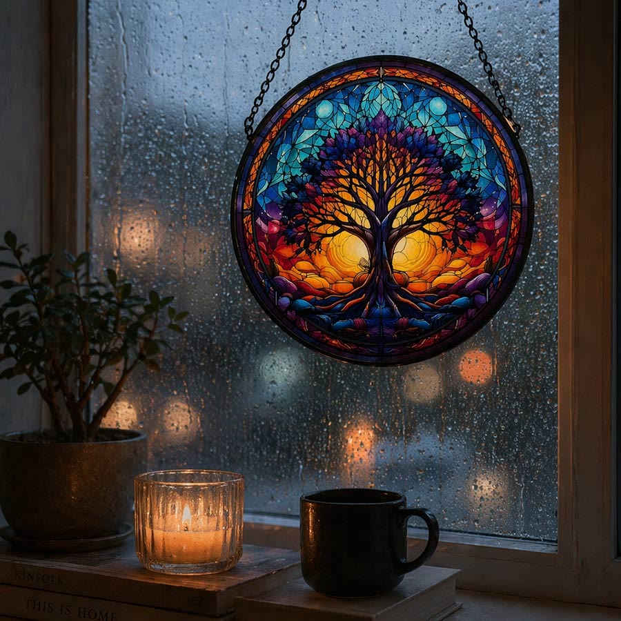 Olivenorma Attrape-soleil rond 2D Coucher de soleil Double soleil Vie d'un arbre Mosaïque en verre teinté - image 5