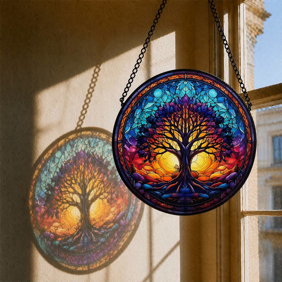 Olivenorma Attrape-soleil rond 2D Coucher de soleil Double soleil Vie d'un arbre Mosaïque en verre teinté - 30 cm x 30 cm - image 0