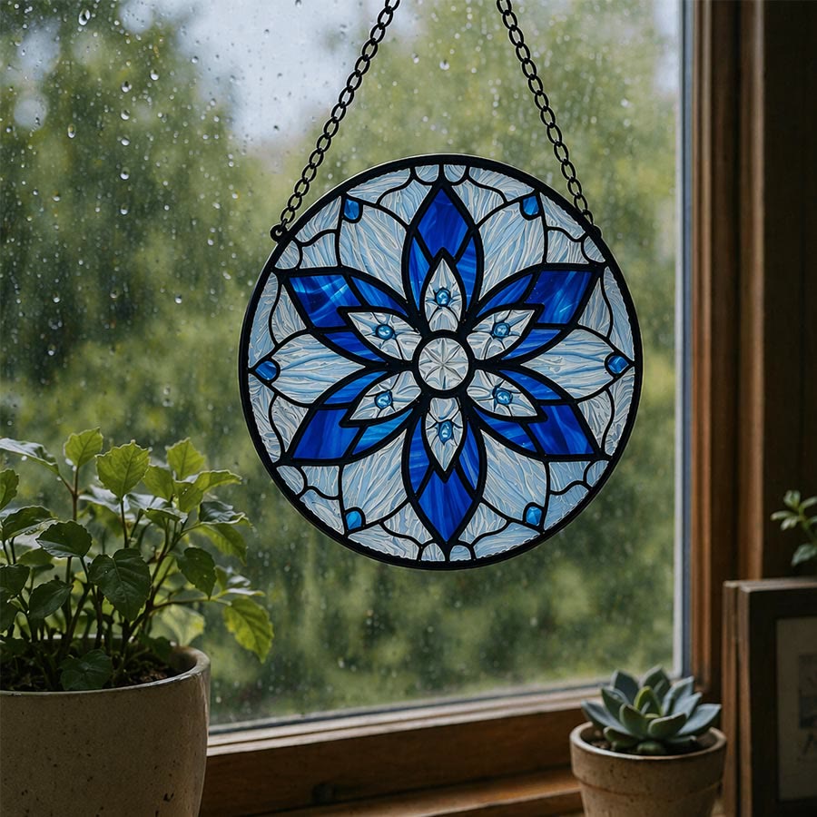 Olivenorma 2D Rond Lotus Bleu Mandala Œil Maléfique Mosaïque Vitrail Attrape-Soleil - image 4