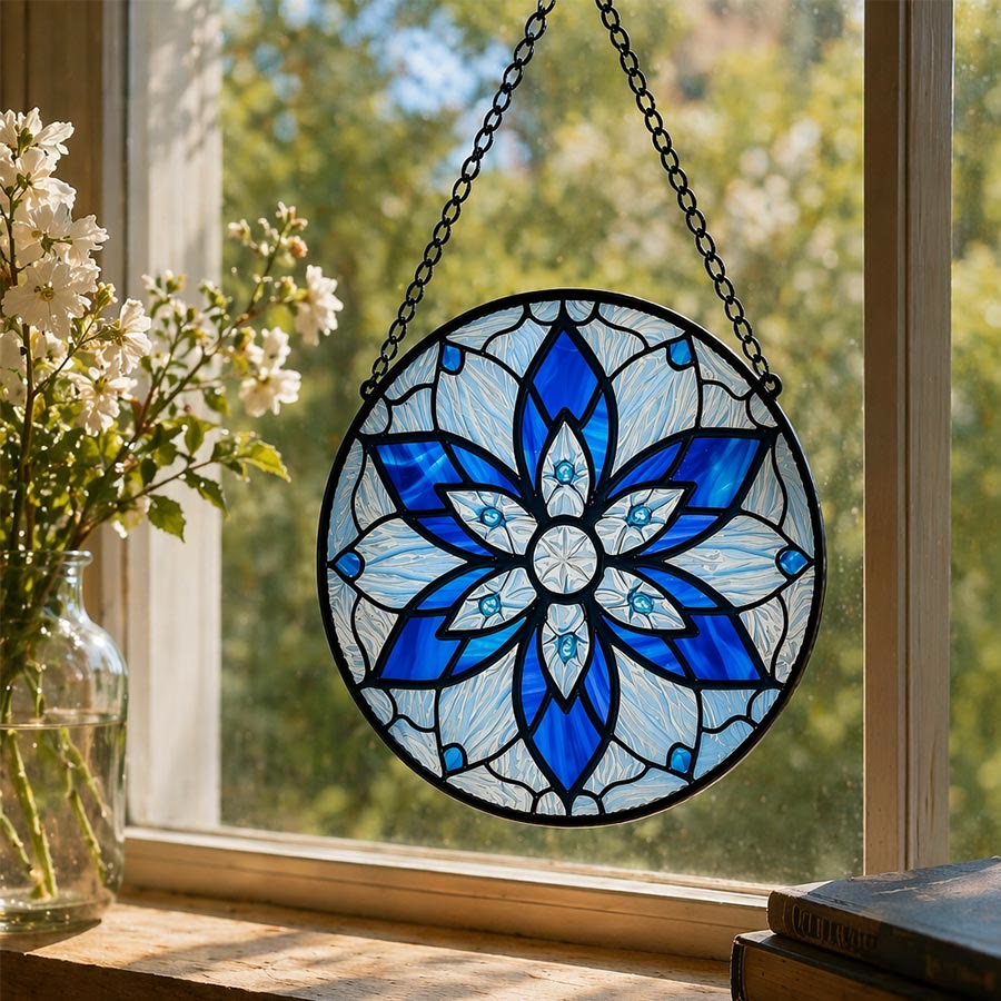 Olivenorma 2D Rond Lotus Bleu Mandala Œil Maléfique Mosaïque Vitrail Attrape-Soleil - 30 cm x 30 cm - image 0