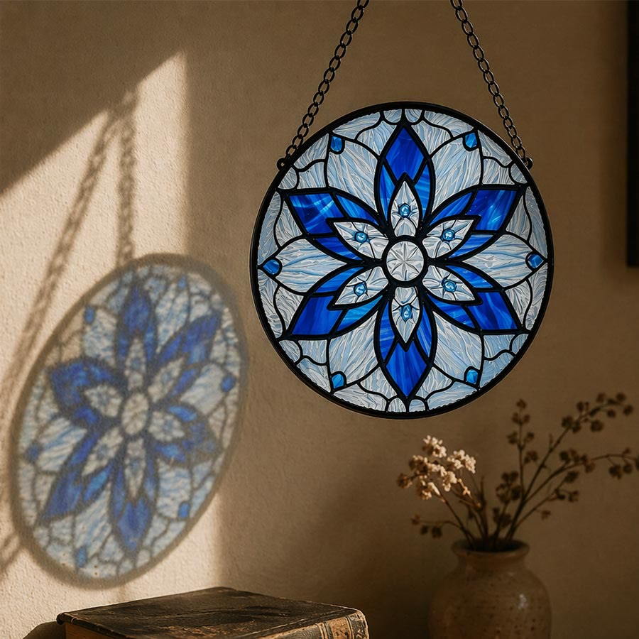 Olivenorma 2D Rond Lotus Bleu Mandala Œil Maléfique Mosaïque Vitrail Attrape-Soleil - image 3