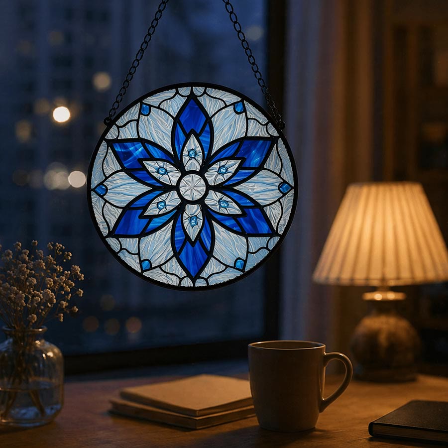 Olivenorma 2D Rond Lotus Bleu Mandala Œil Maléfique Mosaïque Vitrail Attrape-Soleil - image 5
