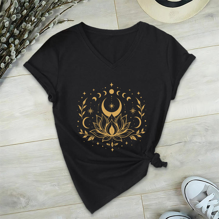 T-shirt Olivenorma à col en V pour femme, imprimé double face lune et lotus, style spirituel - Noir - 2XL - image 30