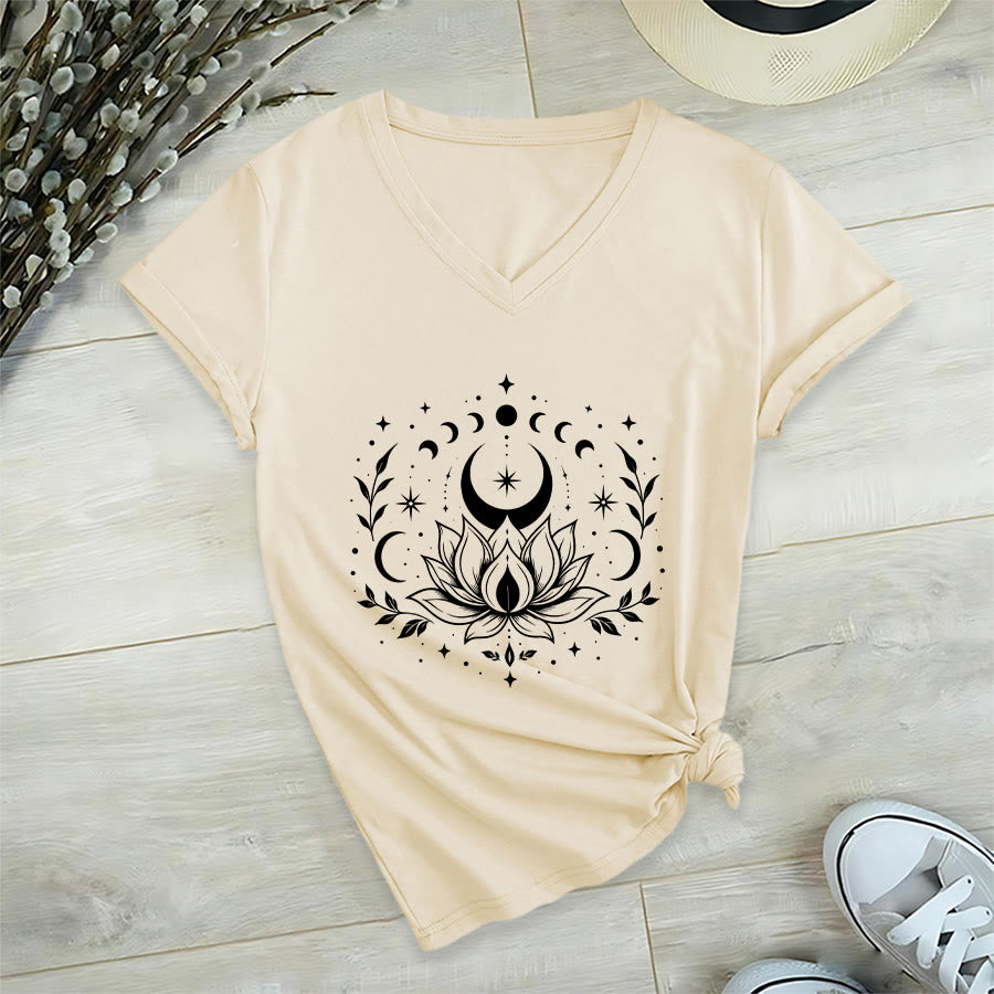 T-shirt Olivenorma à col en V pour femme, imprimé double face lune et lotus, style spirituel - Kaki - 2XL - image 15