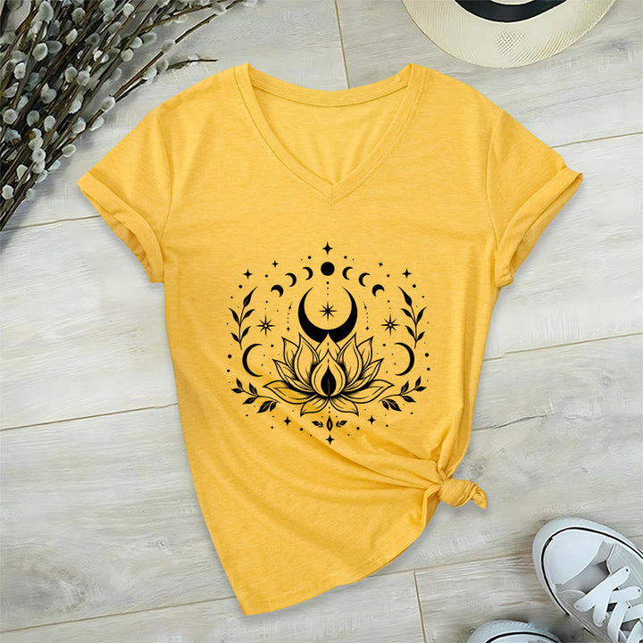 T-shirt Olivenorma à col en V pour femme, imprimé double face lune et lotus, style spirituel - Jaune - 2XL - image 50