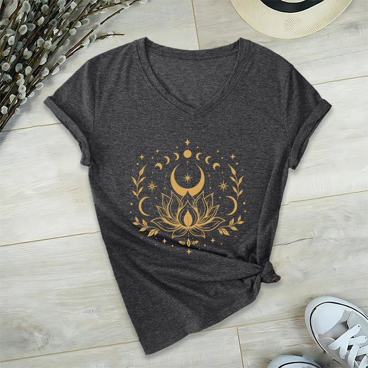 T-shirt Olivenorma à col en V pour femme, imprimé double face lune et lotus, style spirituel - Gris - 2XL - image 35