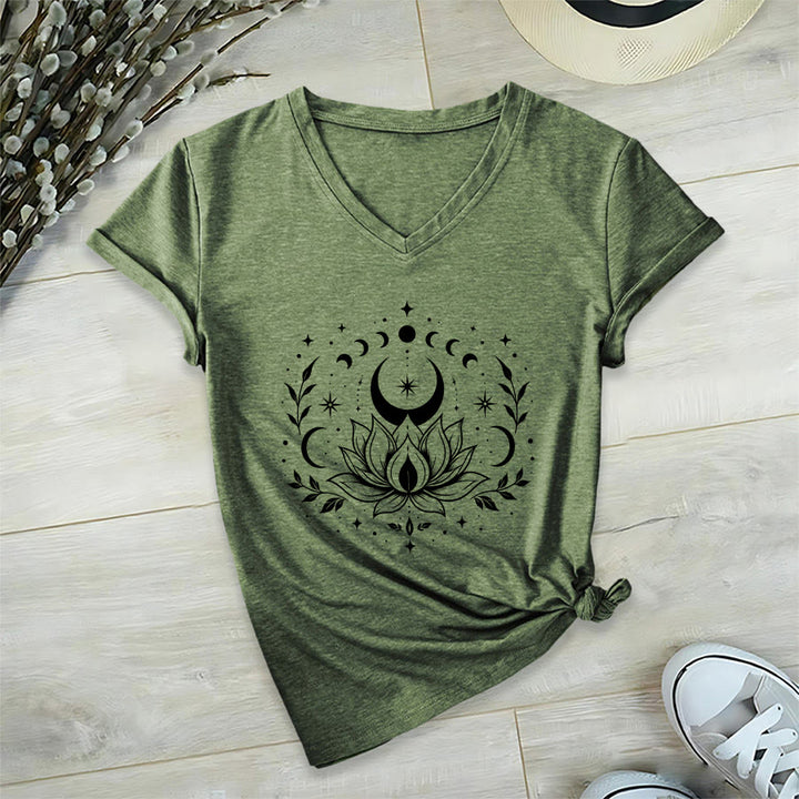 T-shirt Olivenorma à col en V pour femme, imprimé double face lune et lotus, style spirituel - Vert olive - 2XL - image 10
