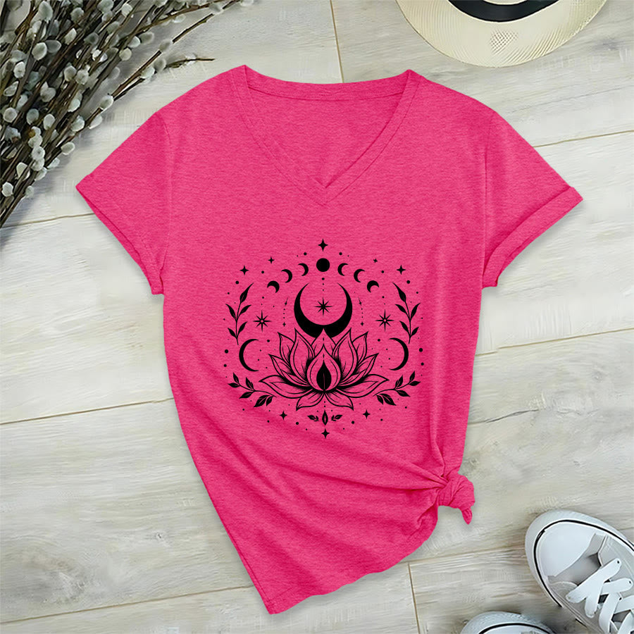T-shirt Olivenorma à col en V pour femme, imprimé double face lune et lotus, style spirituel - Rose rouge - 2XL - image 55