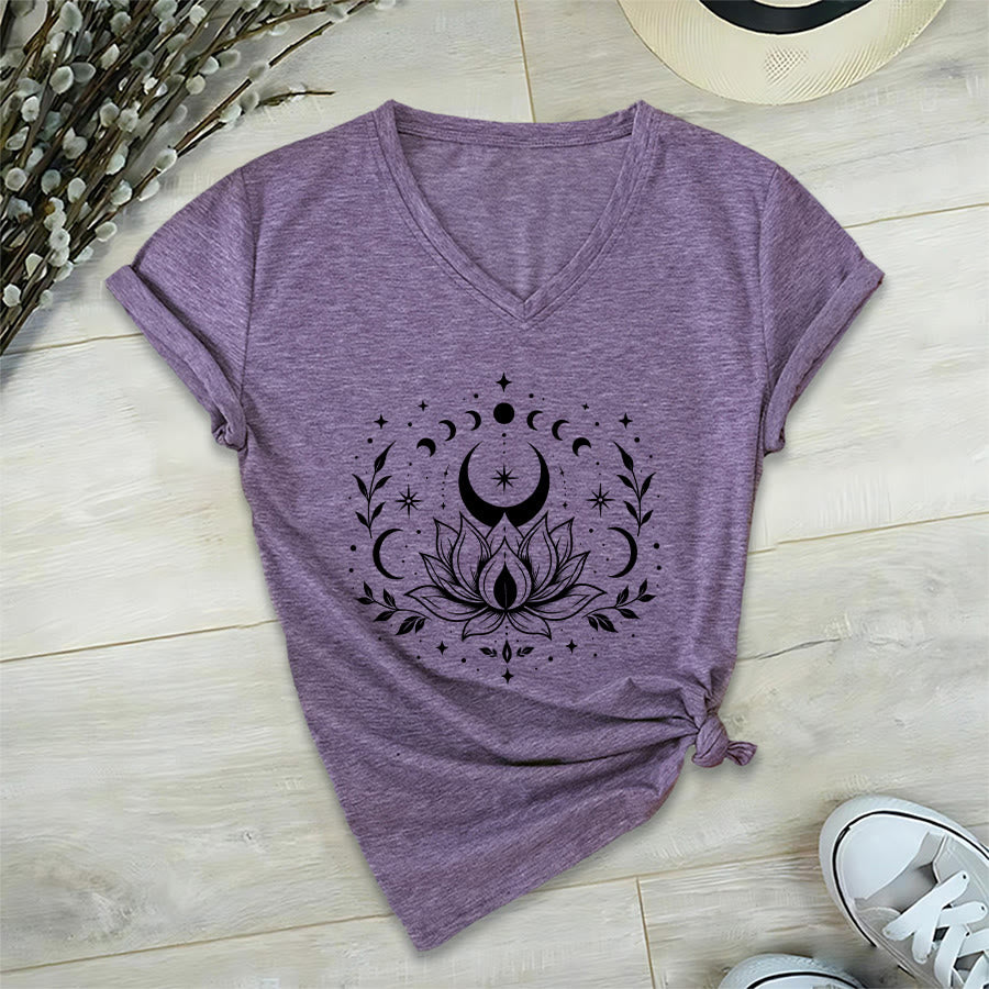 T-shirt Olivenorma à col en V pour femme, imprimé double face lune et lotus, style spirituel - Violet - 2XL - image 60