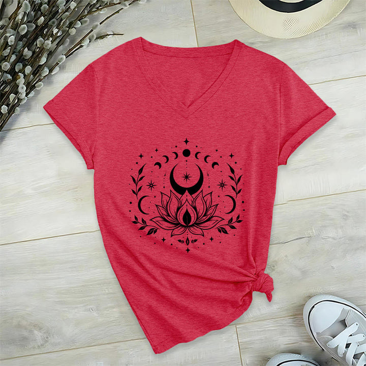 T-shirt Olivenorma à col en V pour femme, imprimé double face lune et lotus, style spirituel - Rouge - 2XL - image 45