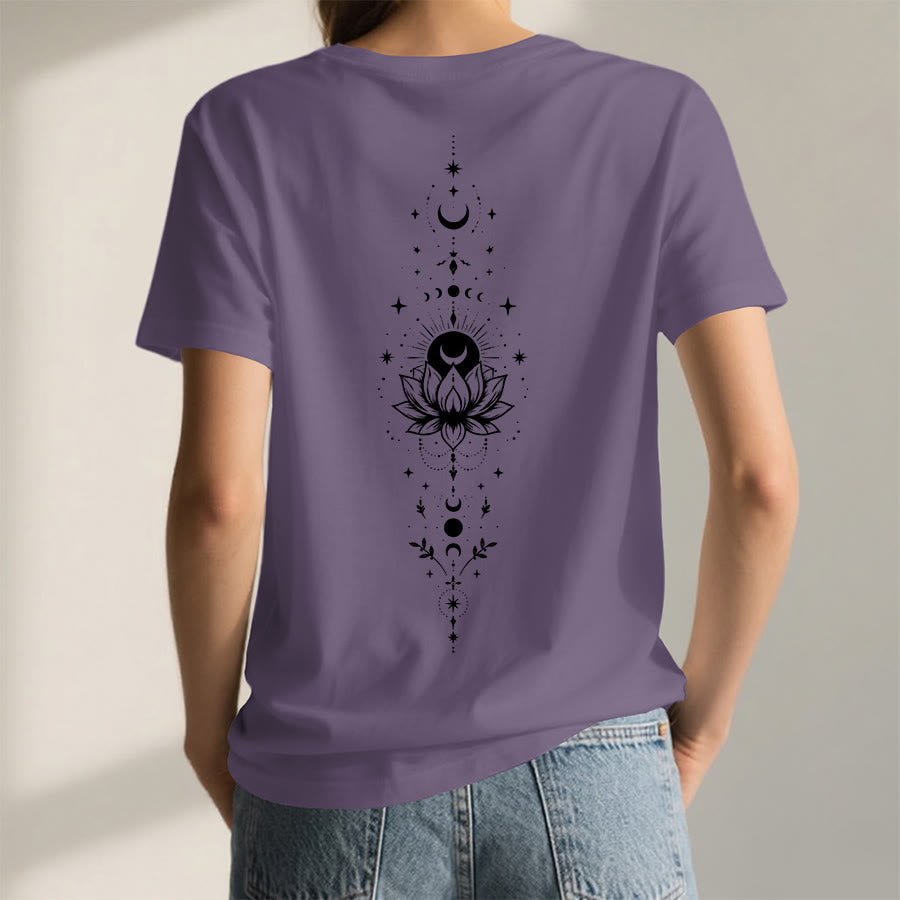 T-shirt Olivenorma à col en V pour femme, imprimé double face lune et lotus, style spirituel - image 64
