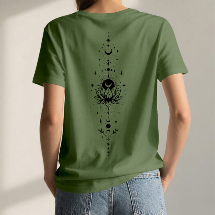 T-shirt Olivenorma à col en V pour femme, imprimé double face lune et lotus, style spirituel - image 14
