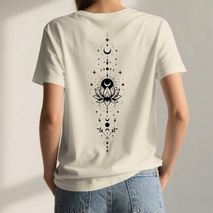 T-shirt Olivenorma à col en V pour femme, imprimé double face lune et lotus, style spirituel - image 19