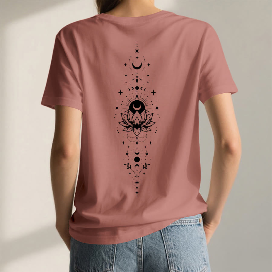 T-shirt Olivenorma à col en V pour femme, imprimé double face lune et lotus, style spirituel - image 24
