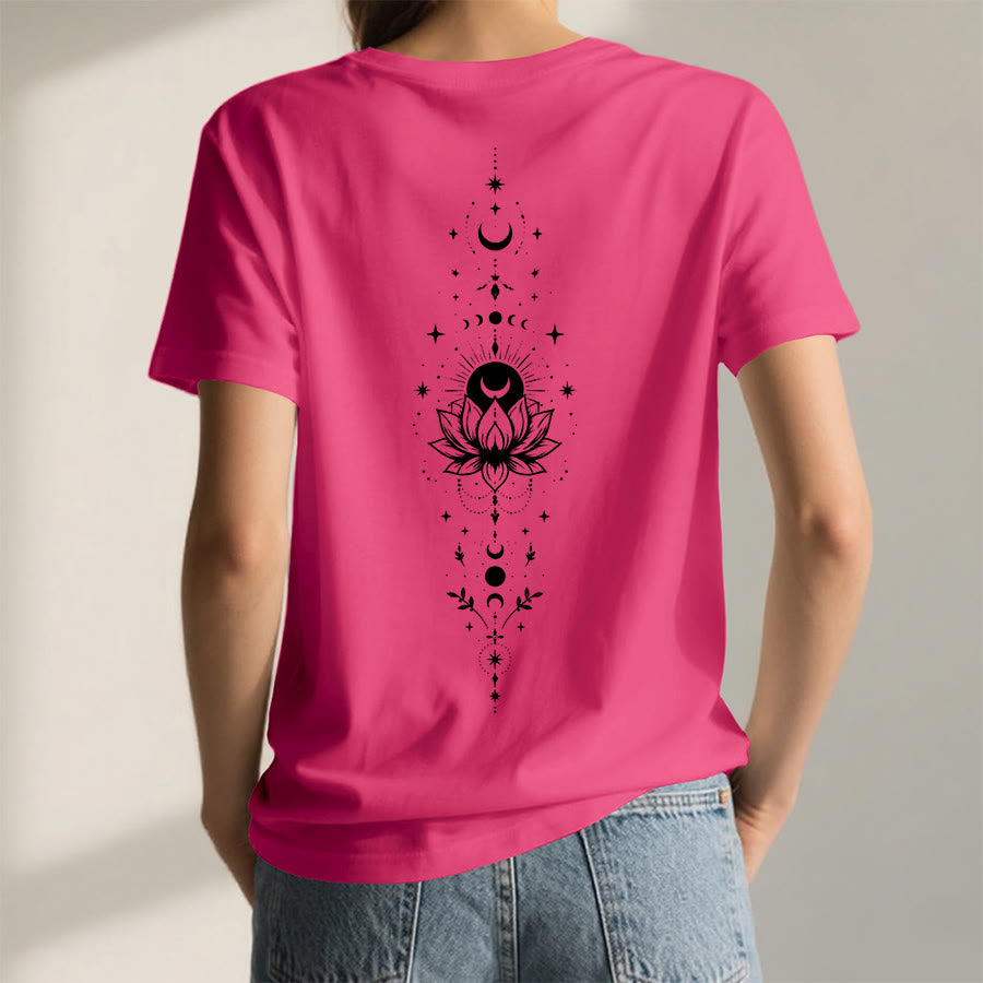 T-shirt Olivenorma à col en V pour femme, imprimé double face lune et lotus, style spirituel - image 59