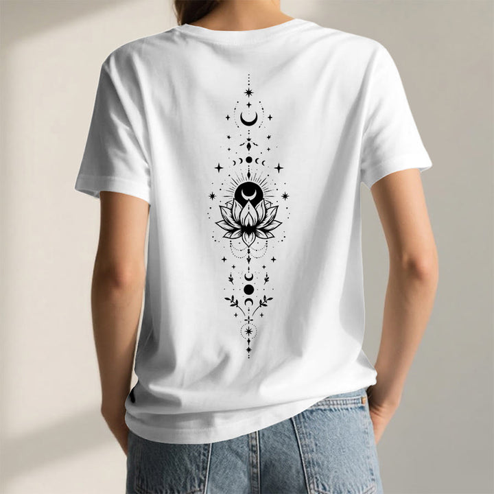 T-shirt Olivenorma à col en V pour femme, imprimé double face lune et lotus, style spirituel - image 44