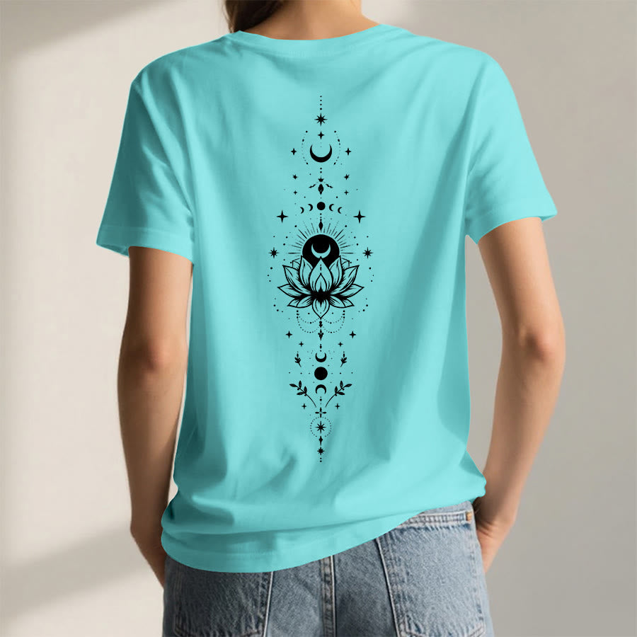 T-shirt Olivenorma à col en V pour femme, imprimé double face lune et lotus, style spirituel - image 29