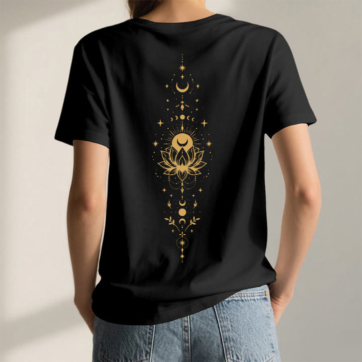T-shirt Olivenorma à col en V pour femme, imprimé double face lune et lotus, style spirituel - image 34