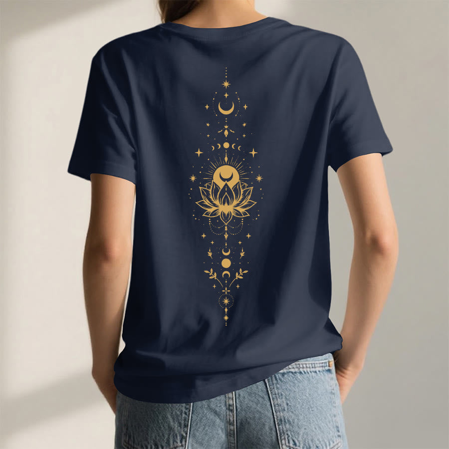 T-shirt Olivenorma à col en V pour femme, imprimé double face lune et lotus, style spirituel - image 4