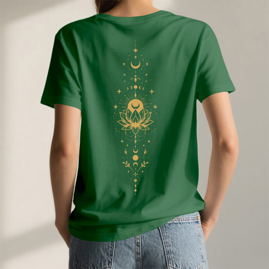 T-shirt Olivenorma à col en V pour femme, imprimé double face lune et lotus, style spirituel - image 9