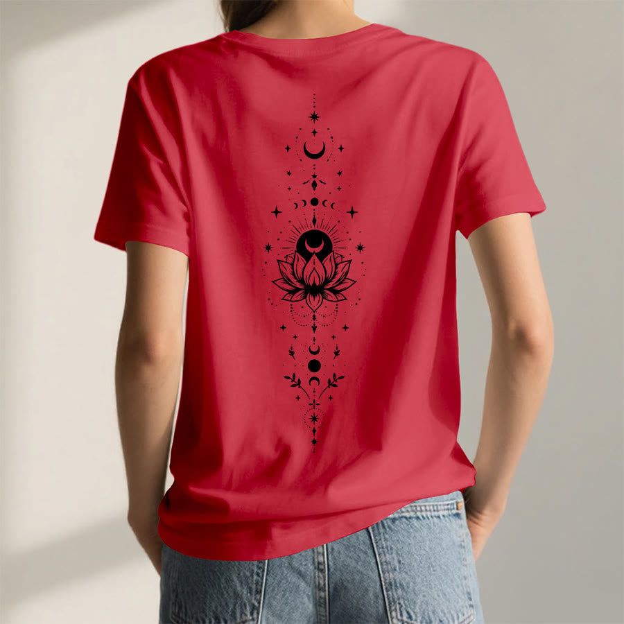 T-shirt Olivenorma à col en V pour femme, imprimé double face lune et lotus, style spirituel - image 49