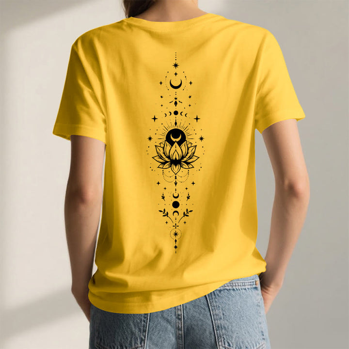 T-shirt Olivenorma à col en V pour femme, imprimé double face lune et lotus, style spirituel - image 54