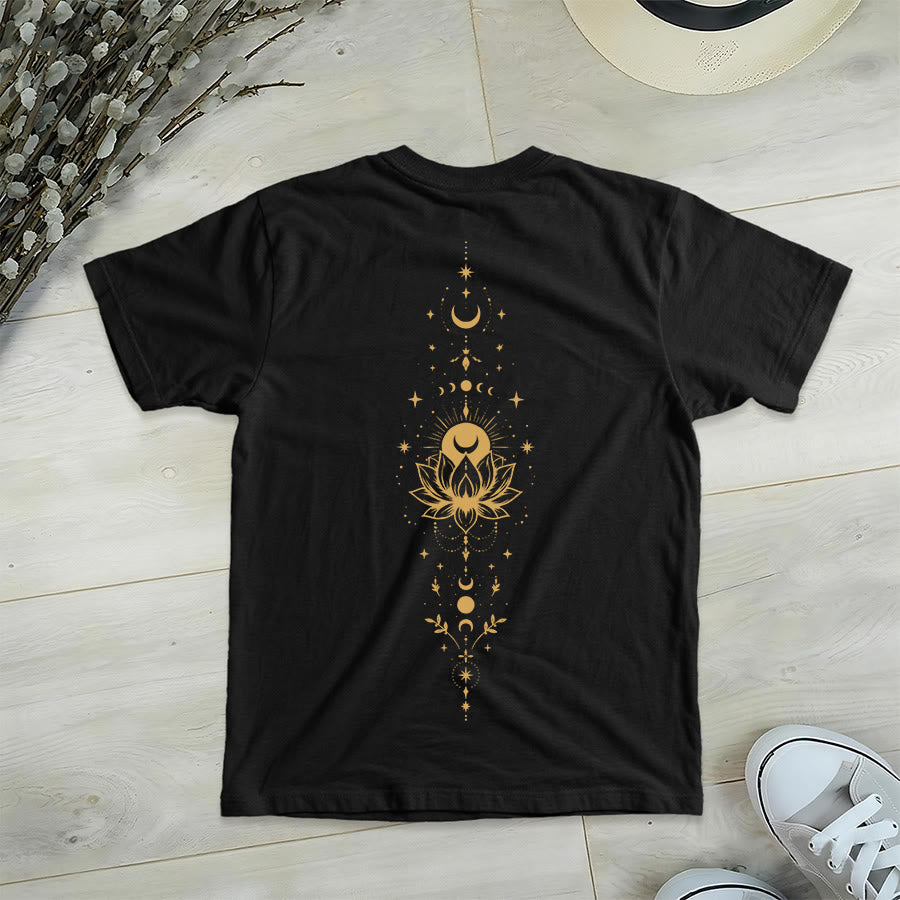 T-shirt Olivenorma à col en V pour femme, imprimé double face lune et lotus, style spirituel - image 31