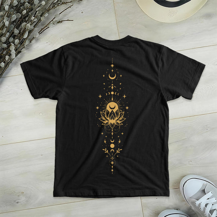 T-shirt Olivenorma à col en V pour femme, imprimé double face lune et lotus, style spirituel - image 31