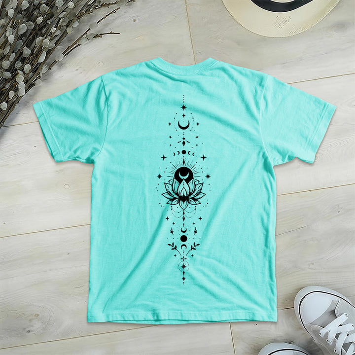 T-shirt Olivenorma à col en V pour femme, imprimé double face lune et lotus, style spirituel - image 26