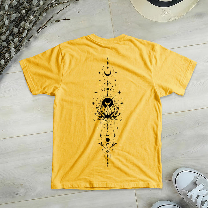 T-shirt Olivenorma à col en V pour femme, imprimé double face lune et lotus, style spirituel - image 51