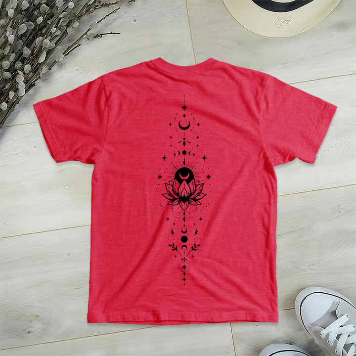 T-shirt Olivenorma à col en V pour femme, imprimé double face lune et lotus, style spirituel - image 46
