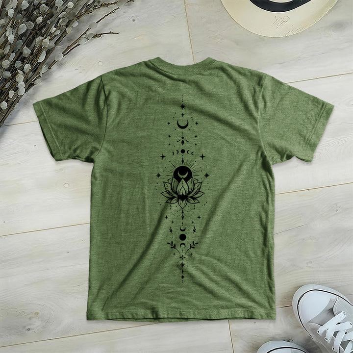 T-shirt Olivenorma à col en V pour femme, imprimé double face lune et lotus, style spirituel - image 11