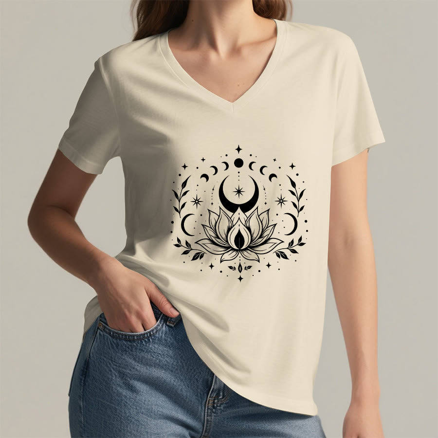 T-shirt Olivenorma à col en V pour femme, imprimé double face lune et lotus, style spirituel - image 18