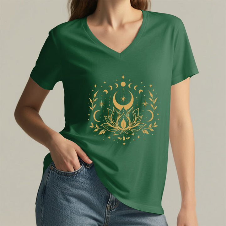 T-shirt Olivenorma à col en V pour femme, imprimé double face lune et lotus, style spirituel - image 8