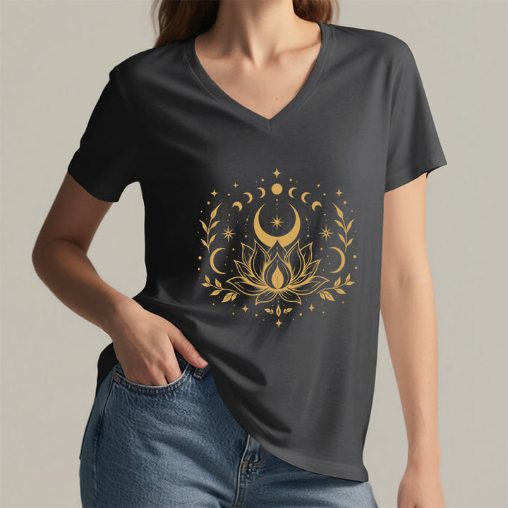 T-shirt Olivenorma à col en V pour femme, imprimé double face lune et lotus, style spirituel - image 38